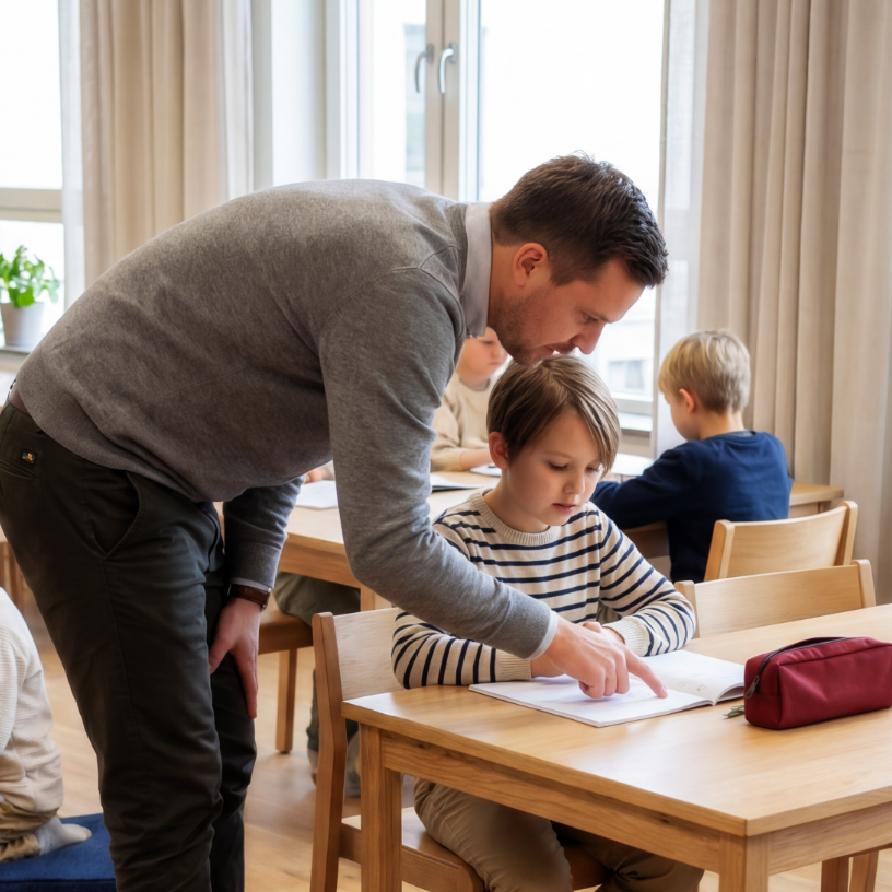 Educator helping student in classroom